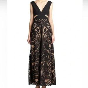 Black Marilyne Long Dress BCBGMaxazria cutout flocked Gown - Size 0